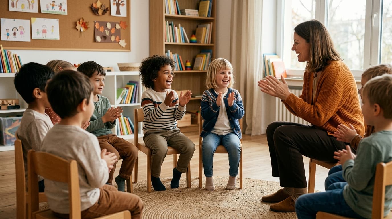 Zwei Kita-Kinder sitzen im Stuhlkreis und klatschen lachend im Takt eine Silbe, während eine Erzieherin das Wort betont vorspricht.