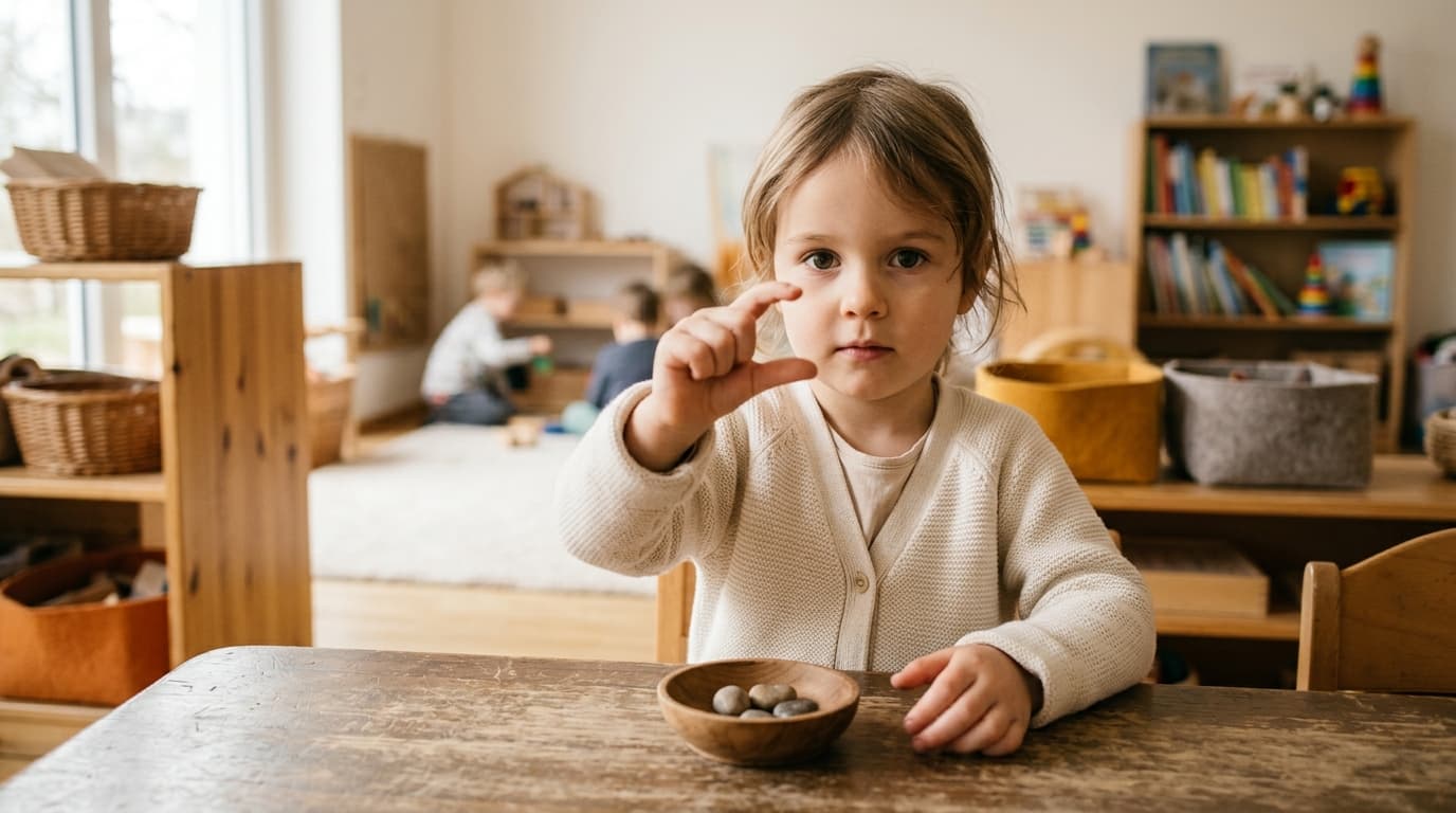 Kita-Kind zeigt mit ausgestreckten Fingern eine kleine Menge und schaut dabei aufmerksam in die Kamera