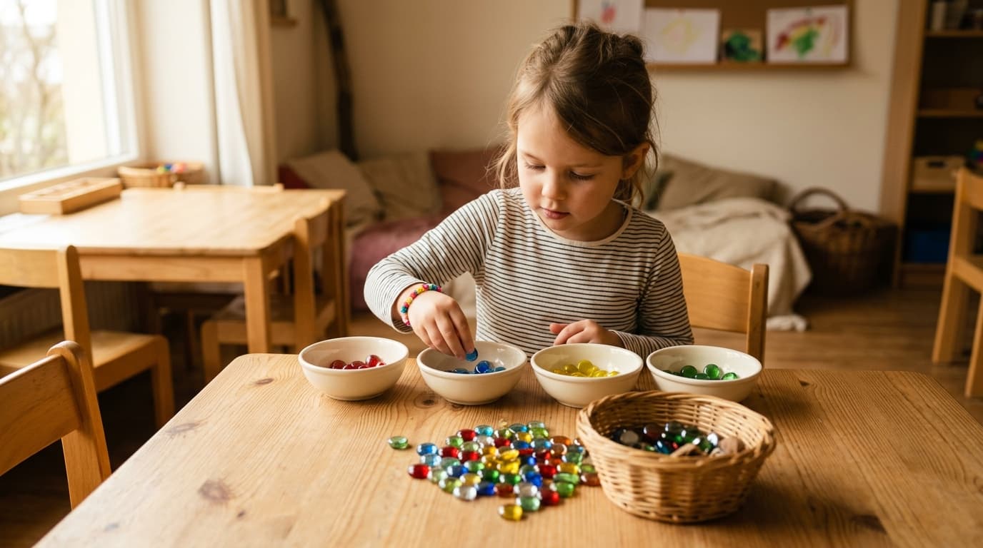 Ein Kita-Kind sitzt an einem Tisch und sortiert bunte Muggelsteine nach Farben in kleine Schälchen, daneben liegen weitere Steine und ein Holzkorb, warmes natürliches Licht