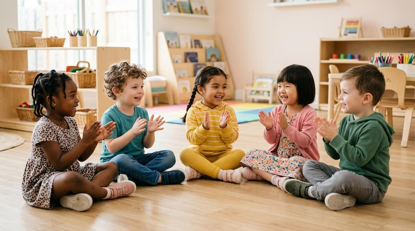 Eine Kleingruppe von Vorschulkindern sitzt im Kreis und klatscht fröhlich den Rhythmus von Worten nach.