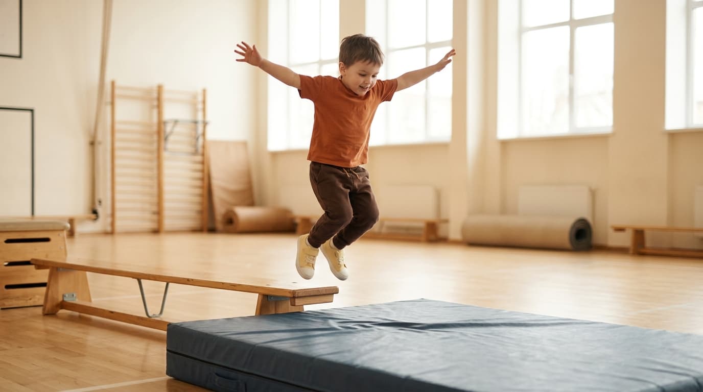 Ein Kita-Kind springt mit beiden Füßen gleichzeitig von einer kleinen flachen Bank auf eine weiche Turnmatte, die Arme zum Gleichgewicht ausgebreitet, in einer hellen Turnhalle
