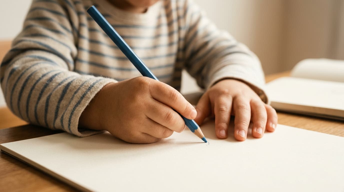 Nahaufnahme einer Kinderhand, die einen Buntstift im korrekten Dreipunktgriff hält: Daumen und Zeigefinger führen den Stift, der auf dem Mittelfinger aufliegt