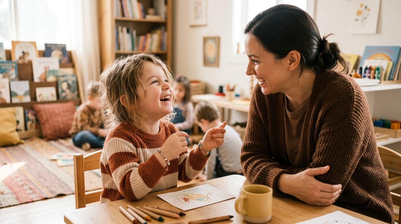 Ein glückliches Kind im Kindergartenalter, das freudig mit einer pädagogischen Kursleiterin in einer Kleingruppe spricht und lacht.