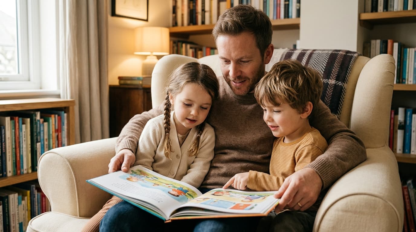 Vater liest zwei Kita-Kindern in einem gemütlichen Sessel ein Bilderbuch vor, die Kinder kuscheln sich an und schauen gespannt auf die aufgeschlagene Seite.
