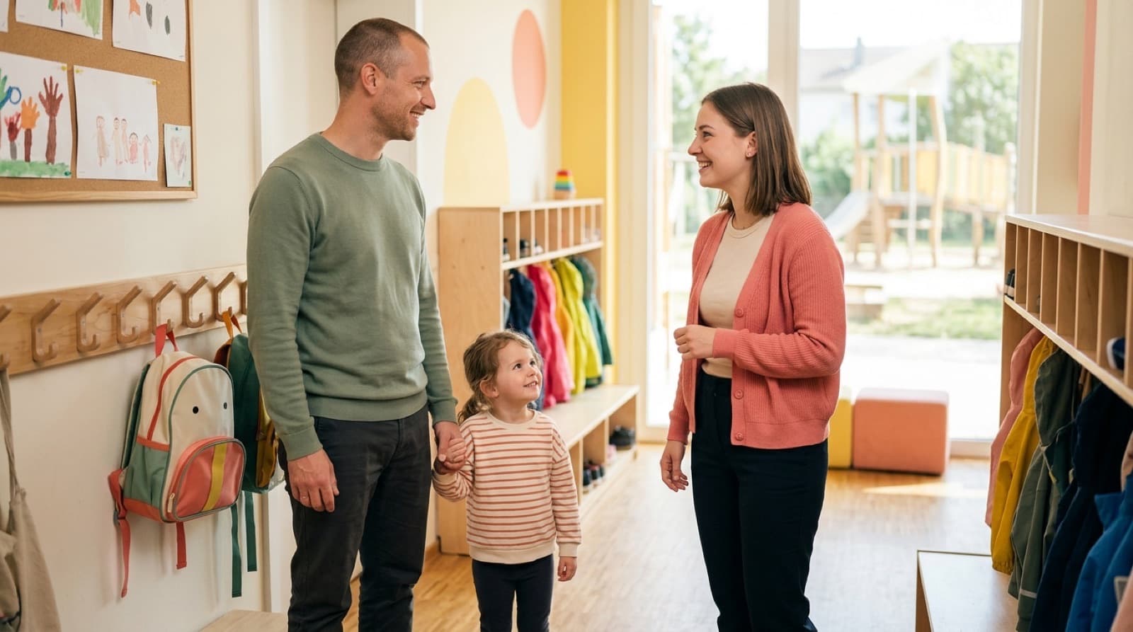 Ein Vater und eine Erzieherin sprechen freundlich im sonnigen Eingangsbereich der Kita, der Vater hält die Hand seiner vierjährigen Tochter