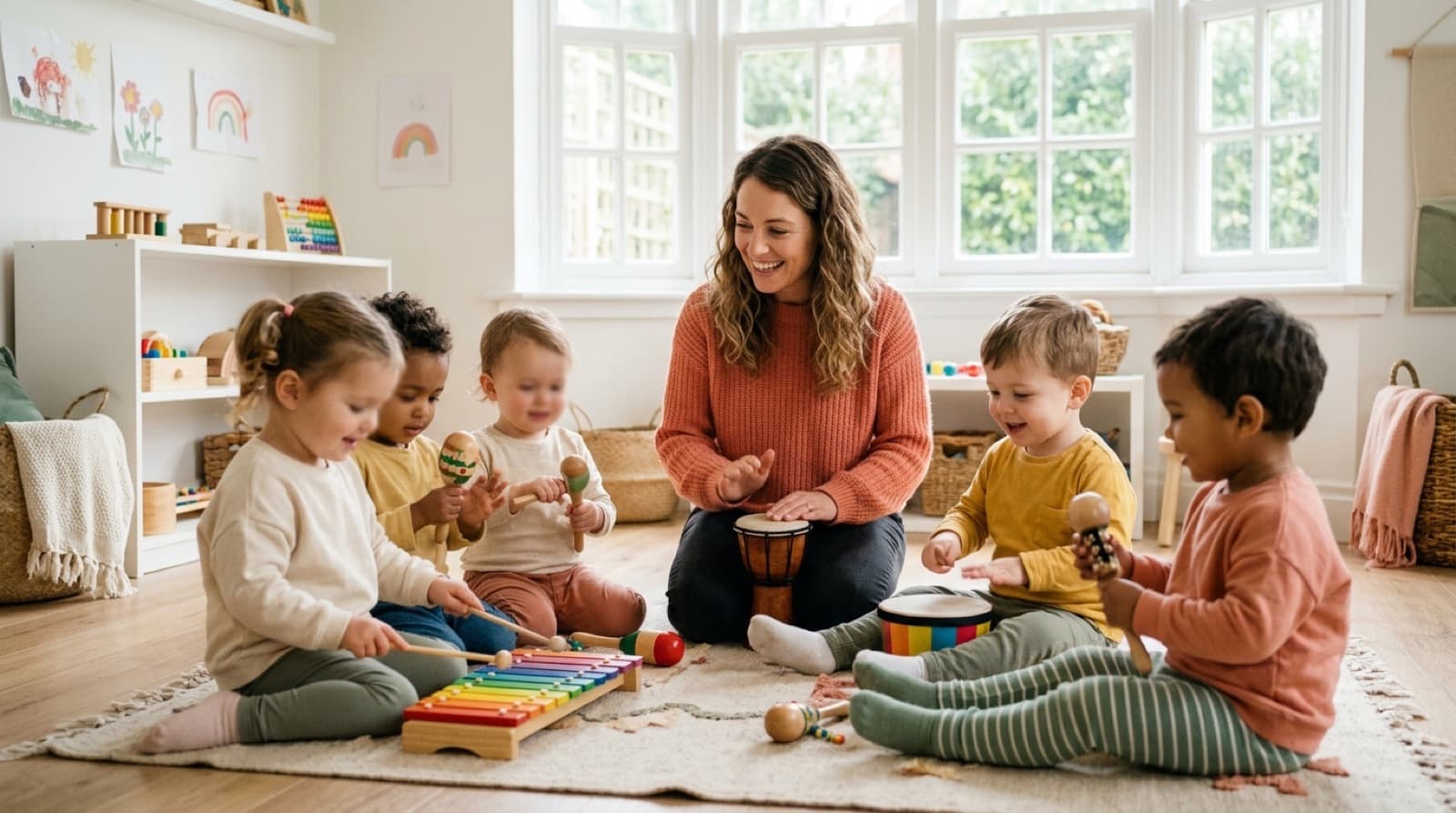 Eine Kursleiterin trommelt mit sechs Kleinkindern im Kreis auf einem Teppich im Gruppenraum, die Kinder spielen Xylofon, Rasseln und eine bunte Trommel