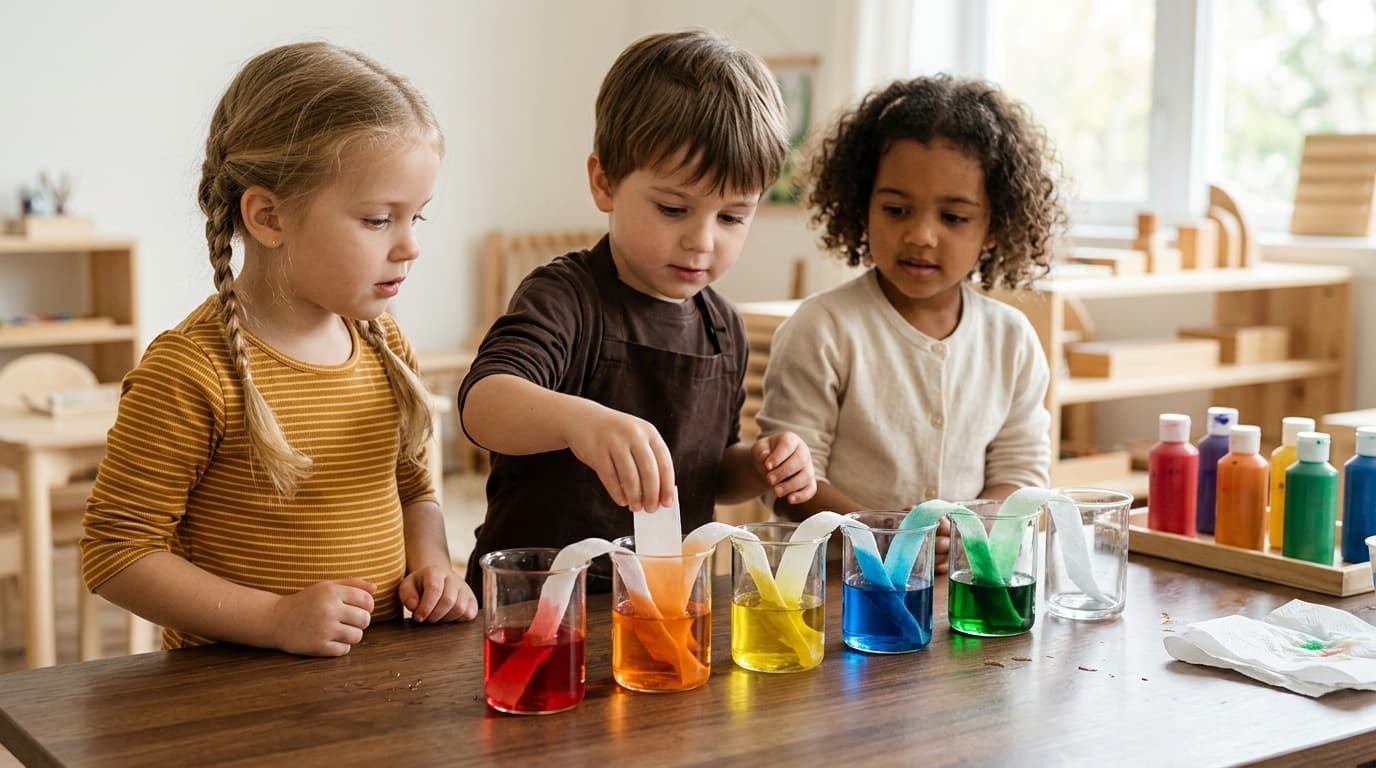 Kita-Kinder tauchen bunte Papierstreifen in Wassergläser und beobachten, wie gefärbtes Wasser im Küchenpapier gegen die Schwerkraft aufsteigt