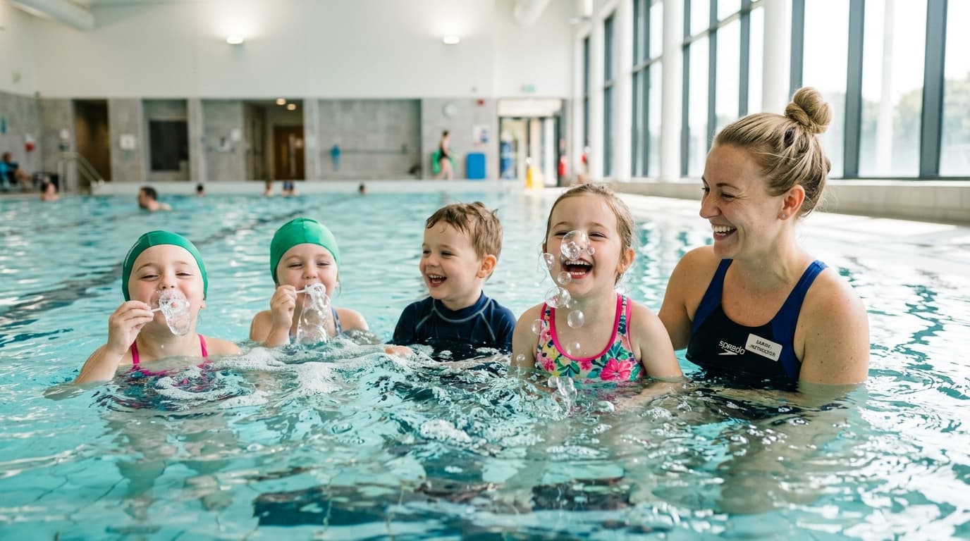 Eine Schwimmlehrerin übt mit einer kleinen Gruppe von Kindern spielerisch das Blubbern im Wasser