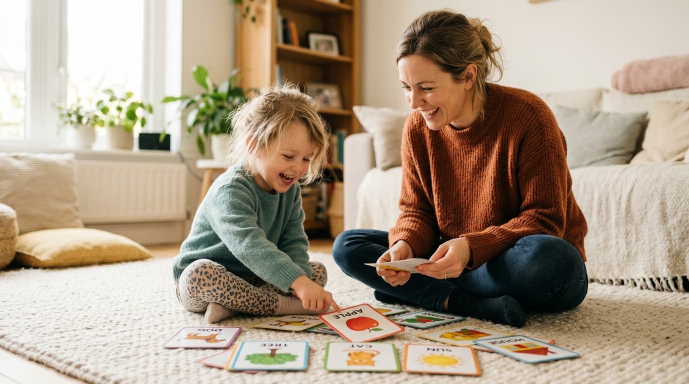 Ein glückliches Kind im Kita-Alter sitzt mit seiner Mutter auf einem Teppich und spielt begeistert ein Sprachspiel mit bunten Bildkarten zur Wortschatzförderung.