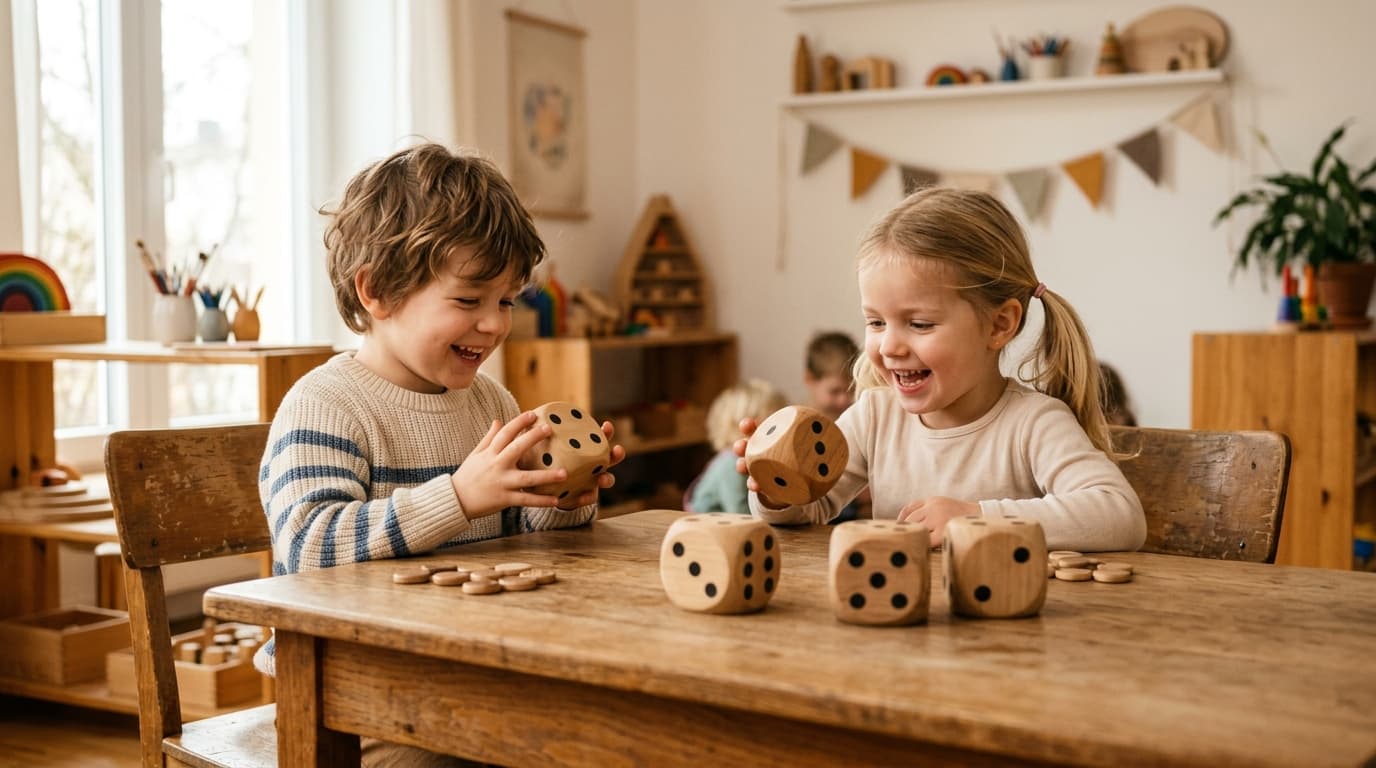 Zwei Kita-Kinder würfeln fröhlich am Tisch mit großen Holzwürfeln und zählen gemeinsam die Punkte