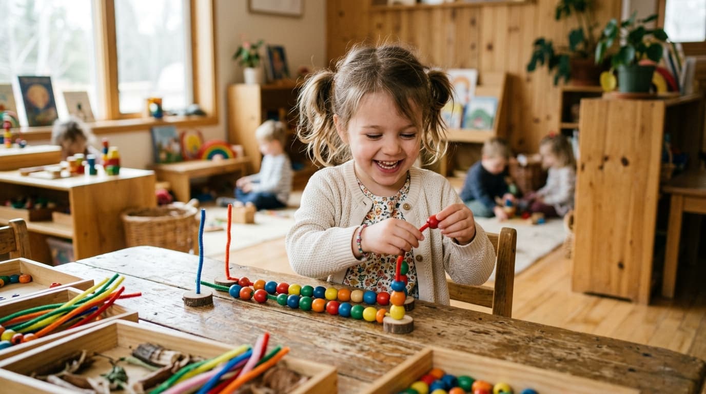 Ein fröhliches Kind sitzt an einem Holztisch im Kindergarten und zählt bunte Holzperlen, die auf Pfeifenreiniger gefädelt sind.