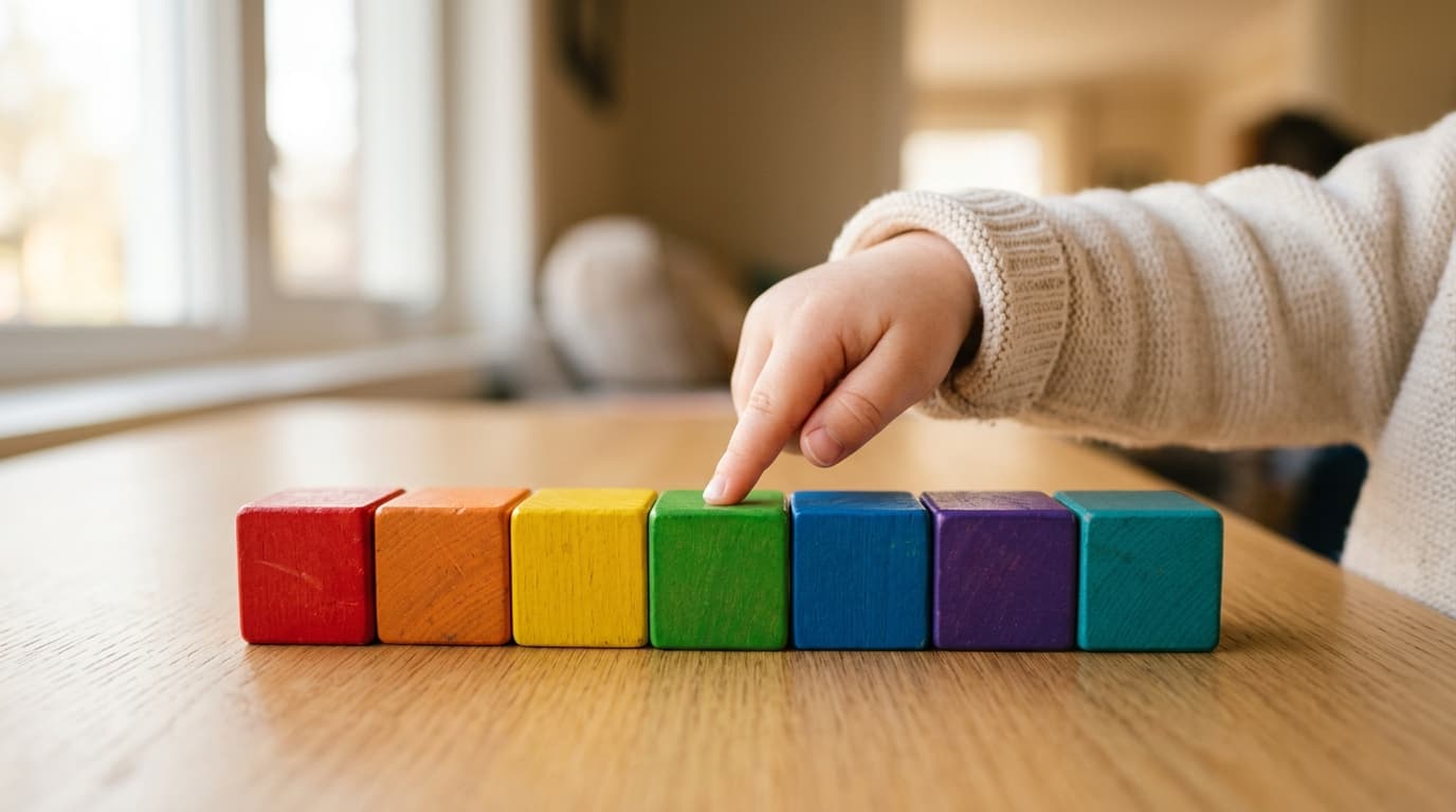 Ein kleines Kind zählt bunte Holzbausteine nacheinander mit dem Zeigefinger ab.