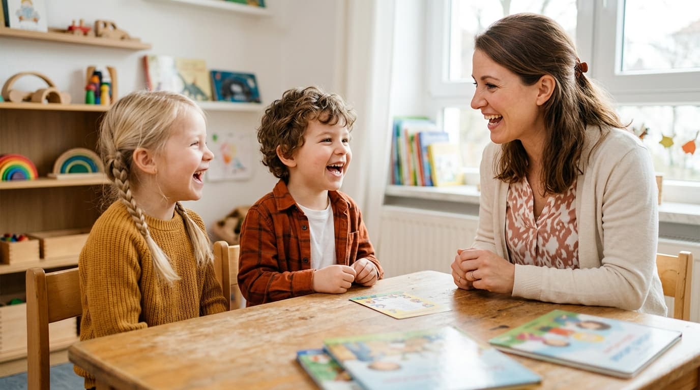 Zwei lachende Kita-Kinder im Alter von etwa fünf Jahren sitzen nebeneinander und sprechen gemeinsam einen Zungenbrecher, ein Erwachsener macht ihnen die Worte fröhlich vor