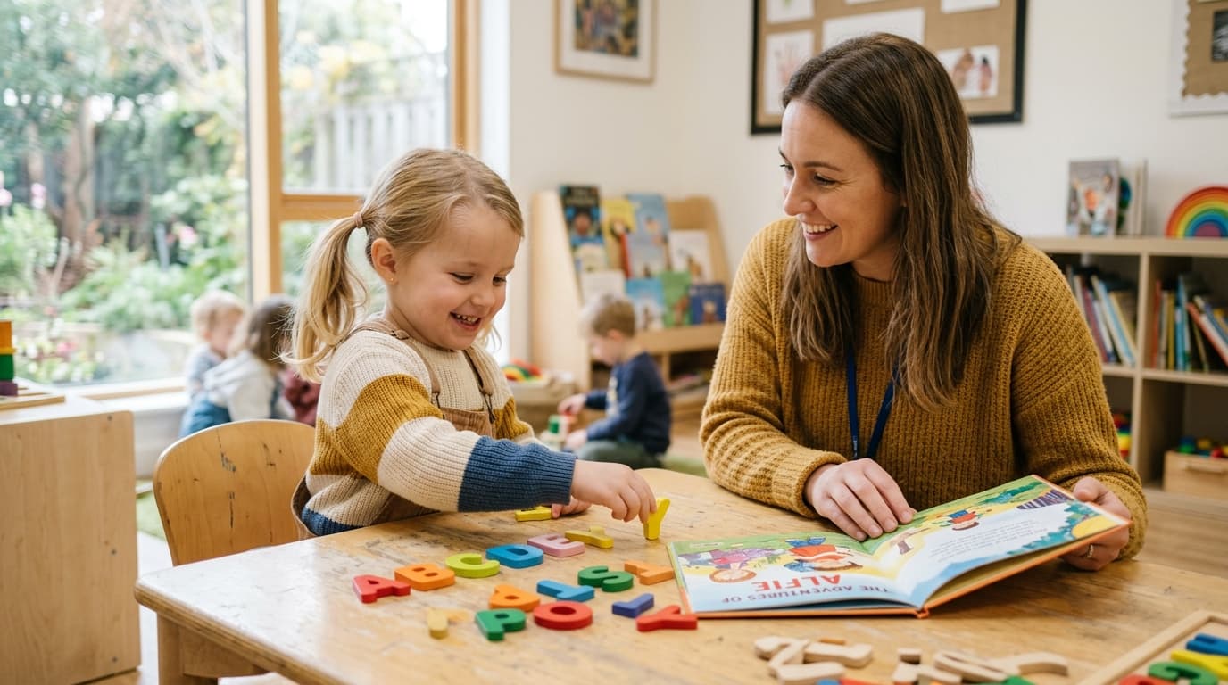 Ein glückliches Kind im Kindergarten spielt mit bunten Holzbuchstaben, während eine Kursleiterin ihm lächelnd ein Buch zeigt.