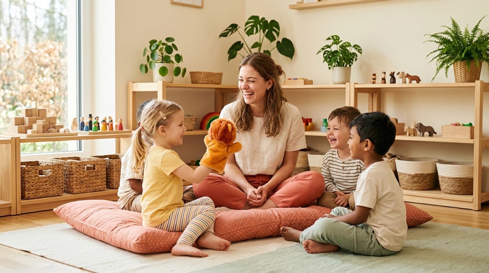 Eine Kursleiterin sitzt auf einem Bodenkissen im Gruppenraum einer Kita, vier Kinder sitzen im Halbkreis um sie und lachen, ein Kind hält eine Handpuppe