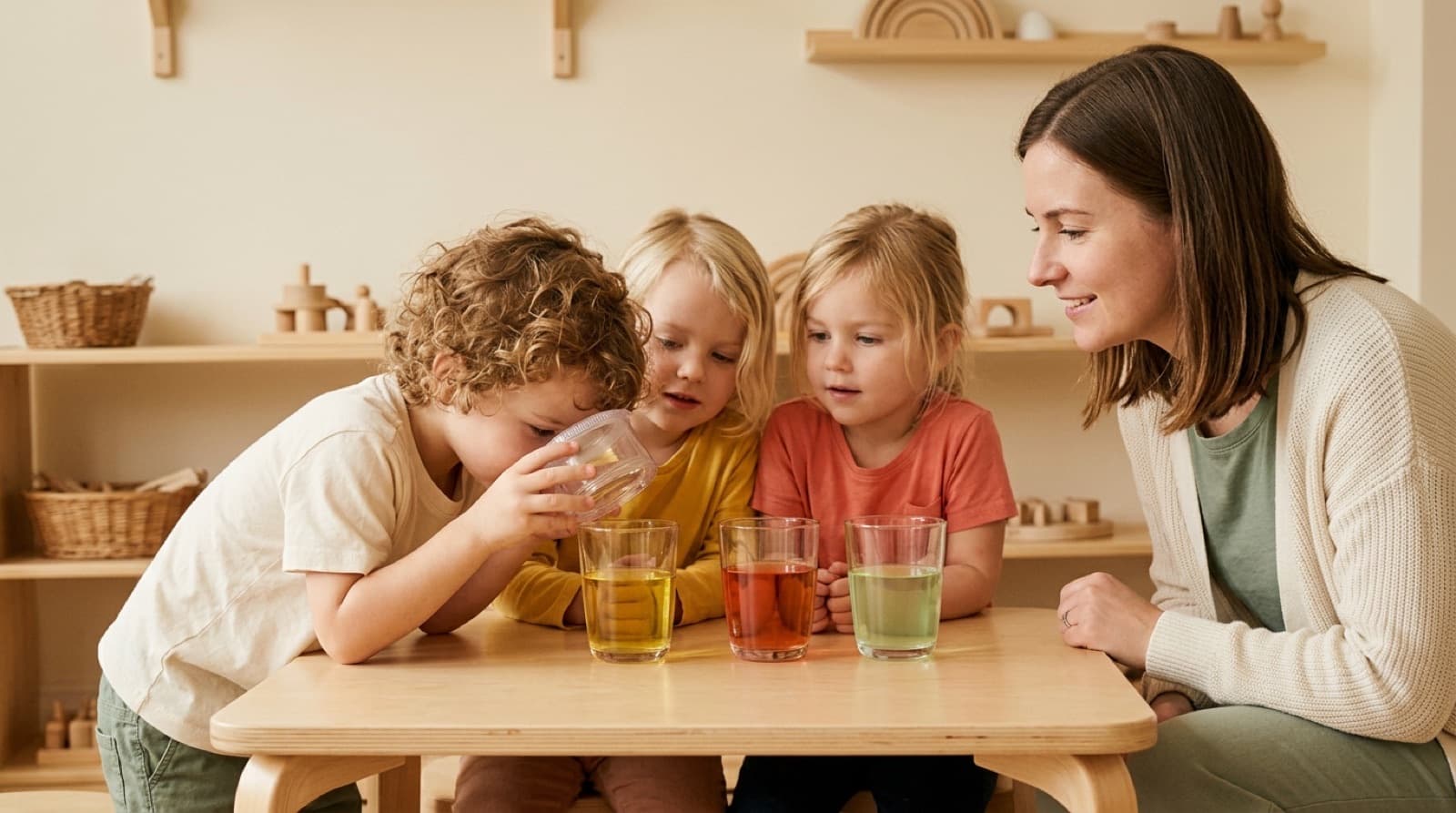 Drei Kinder an einem niedrigen Holztisch in der Kita betrachten gefärbtes Wasser in drei Gläsern, ein Junge schaut durch eine Becherlupe, eine Kursleiterin sieht lächelnd zu