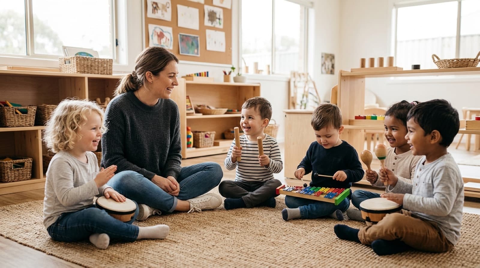 Eine Kursleiterin sitzt lachend mit fünf Kindern im Kreis auf einem Teppich im Gruppenraum, die Kinder spielen Handtrommeln, Klanghölzer, Rasseln und ein Glockenspiel