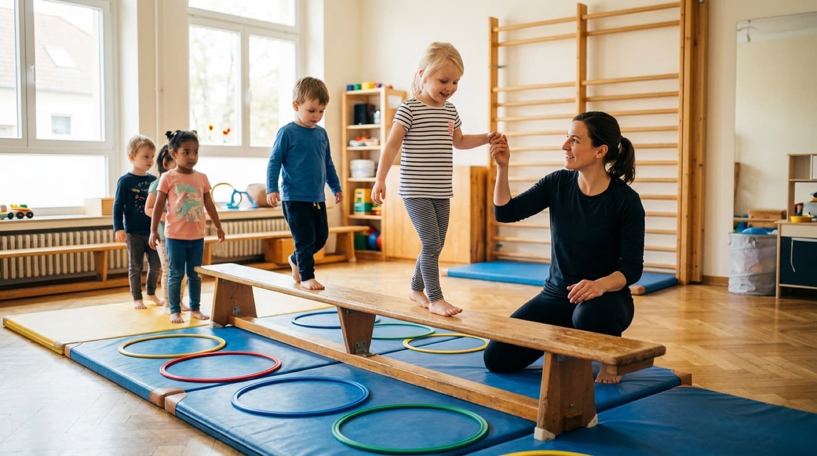 Ein Mädchen balanciert barfuß über eine Turnbank im Bewegungsraum einer Kita, eine Kursleiterin hält ihre Hand, dahinter warten drei Kinder, auf den Matten liegen bunte Reifen