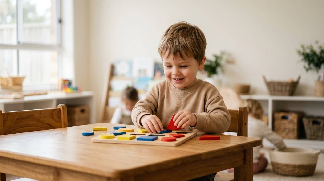 Konzentriertes Kind, das ruhig und versunken mit einem Holzspiel an einem hellen Tisch spielt